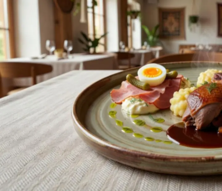 Servírované menu na lněném ubruse s výhledem do intimního salonku s pokerovým stolem